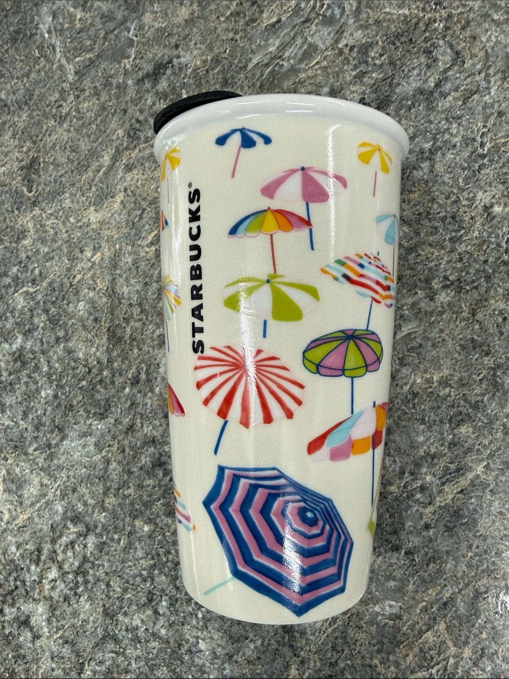 Starbucks Massachusetts White Tumbler with Multicolor Beach Umbrella Print